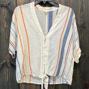 En Creme Buckle Laid Back Tie Top S Striped Button Front Casual Soft Washed Boho